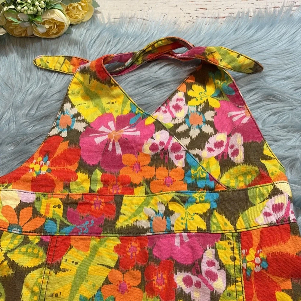 The Children’s Place Stretch Retro Floral Frayed Layer Halter Denim Dress sz 10